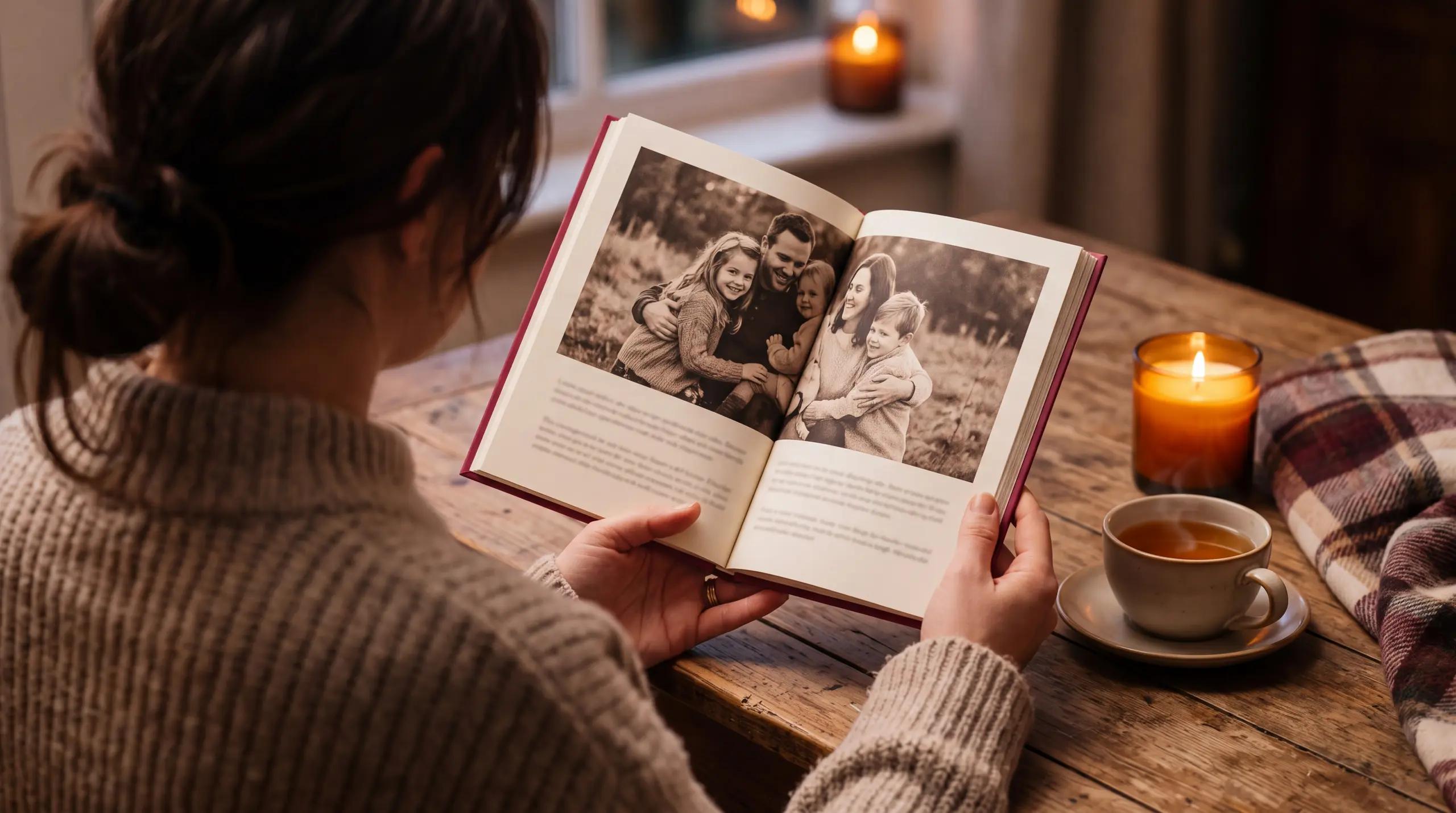 Открытая книга-история А5 в руках, уютный вечер